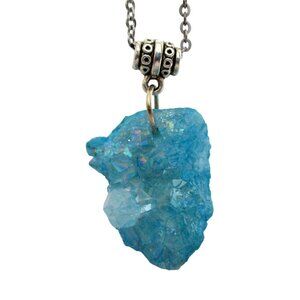 Blue Druzy Drusy Quartz Crystal Pendant Necklace 23" Stainless Chain